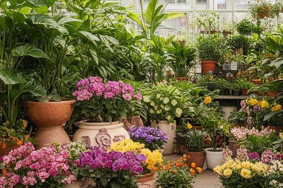 Variedad de plantas de interior y exterior con macetas decorativas y flores frescas en un vivero luminoso de Buenos Aires